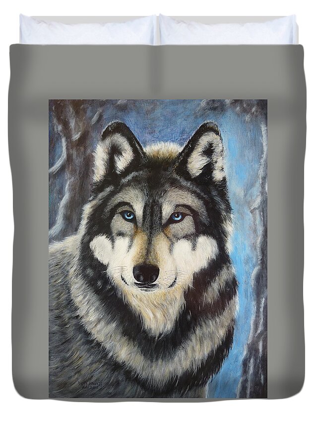 Wolf Duvet Cover featuring the painting Adult Grey Wolf by David Hawkes