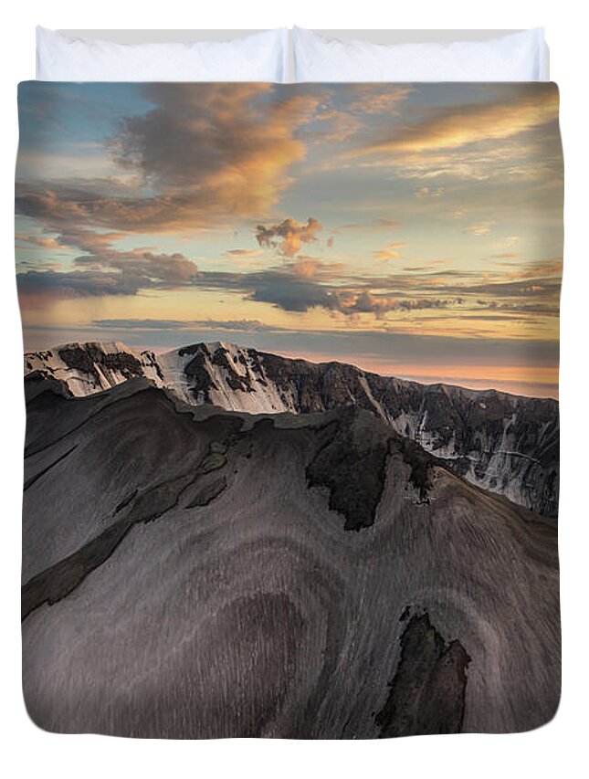 Mount Saint Helens Duvet Cover featuring the photograph Aerial Mount St Helens Sunset Crater Snow Swirls by Mike Reid