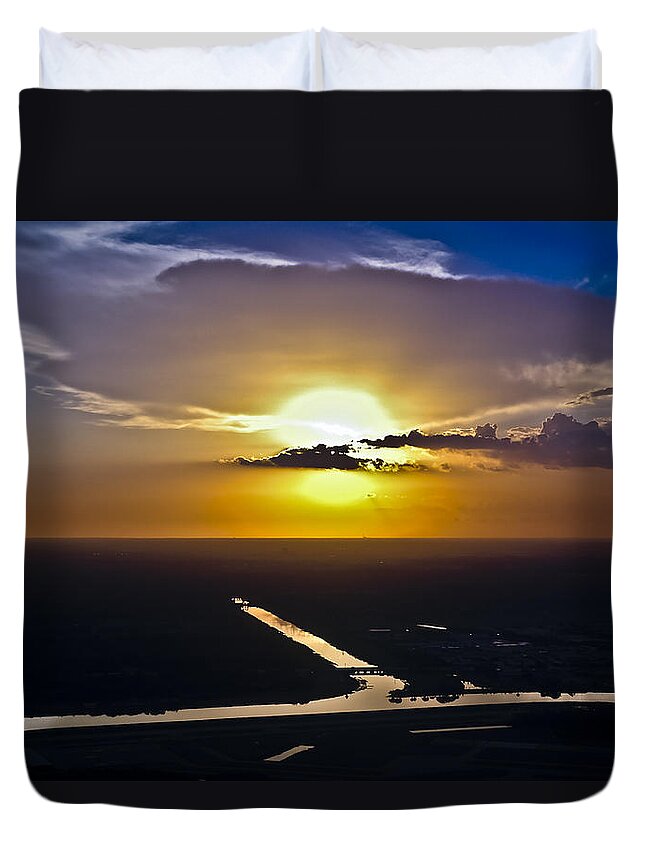Aerial Duvet Cover featuring the photograph Aerial Sunset Over Canal by Carolyn Marshall