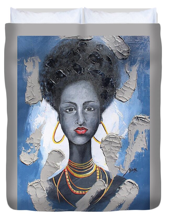 True African Art Duvet Cover featuring the painting African Beauty by Daniel Akortia