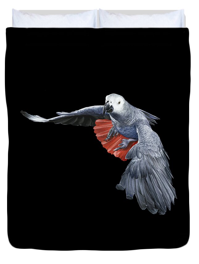 African Duvet Cover featuring the digital art African Grey Parrot Flying by Owen Bell