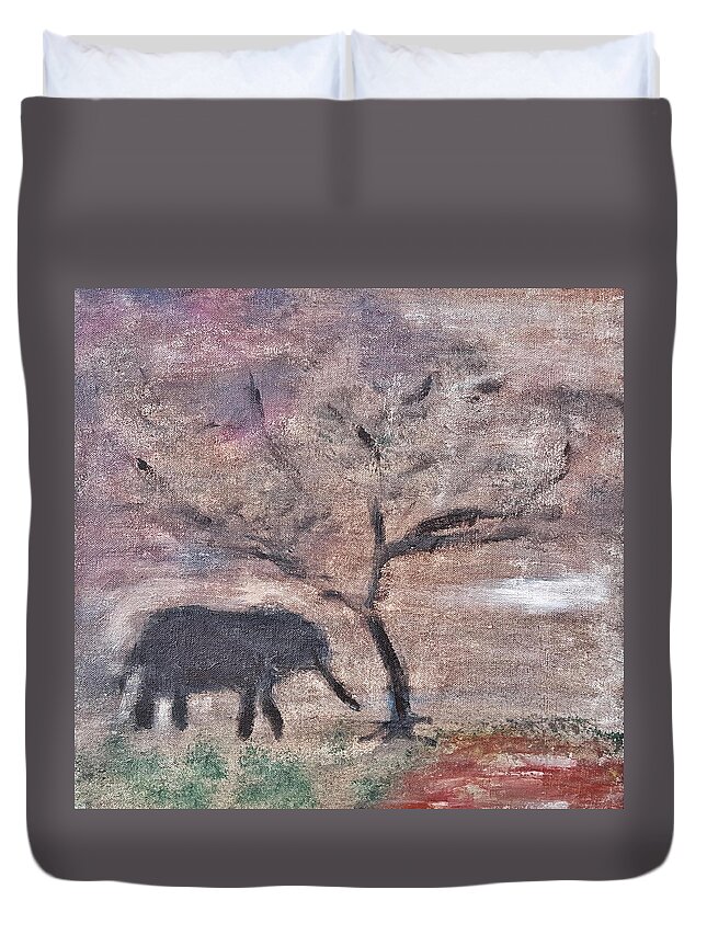 African Landscape Duvet Cover featuring the painting African Landscape baby elephant and banya tree at watering hole with mountain and sunset grasses shr by MendyZ