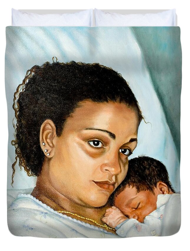 Portrait Duvet Cover featuring the painting After Birth Jacina and Javon by Marlene Book