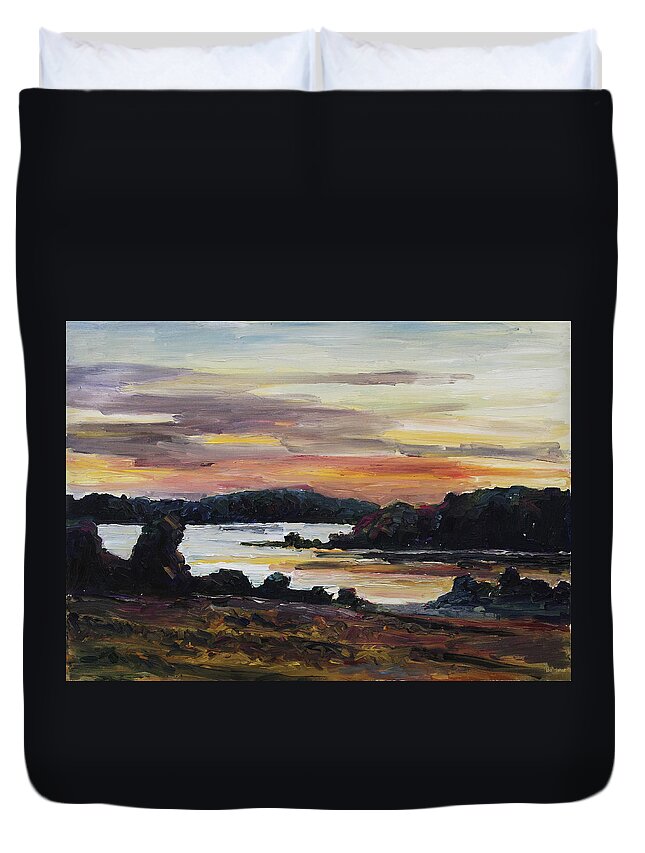 Barbara Pommerenke Duvet Cover featuring the painting After Sunset at Lake Fleesensee by Barbara Pommerenke