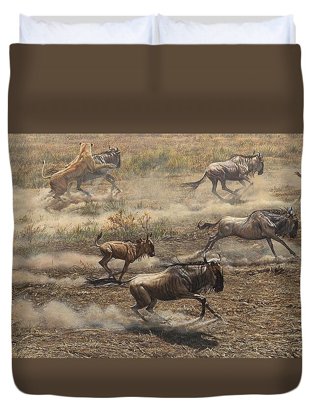 Lion Duvet Cover featuring the painting After The Crossing by Alan M Hunt