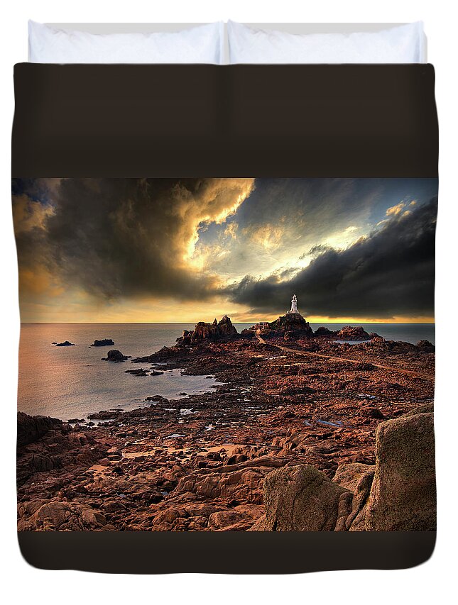 Lighthouse Duvet Cover featuring the photograph after the storm at La Corbiere by Meirion Matthias