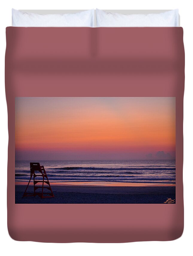 Beach Duvet Cover featuring the photograph Afterglow Lifeguard by Bradley Dever