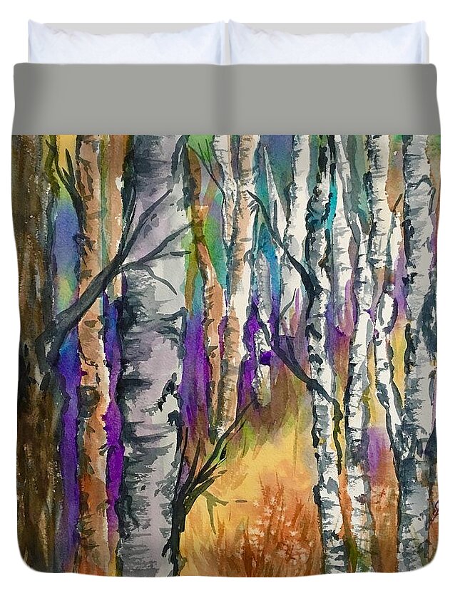 Birches Duvet Cover featuring the painting Afternoon Among the Birches by Ellen Levinson