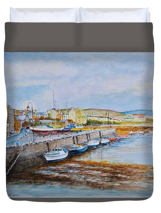 Harbor Duvet Cover featuring the painting Afternoon at Port St Mary on the Isle of Man by Dai Wynn