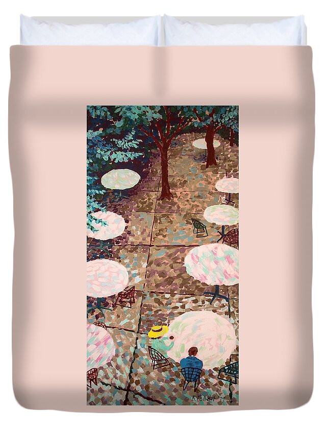 Bonnie Follett Duvet Cover featuring the painting Afternoon Coffee in New York City by Bonnie Follett