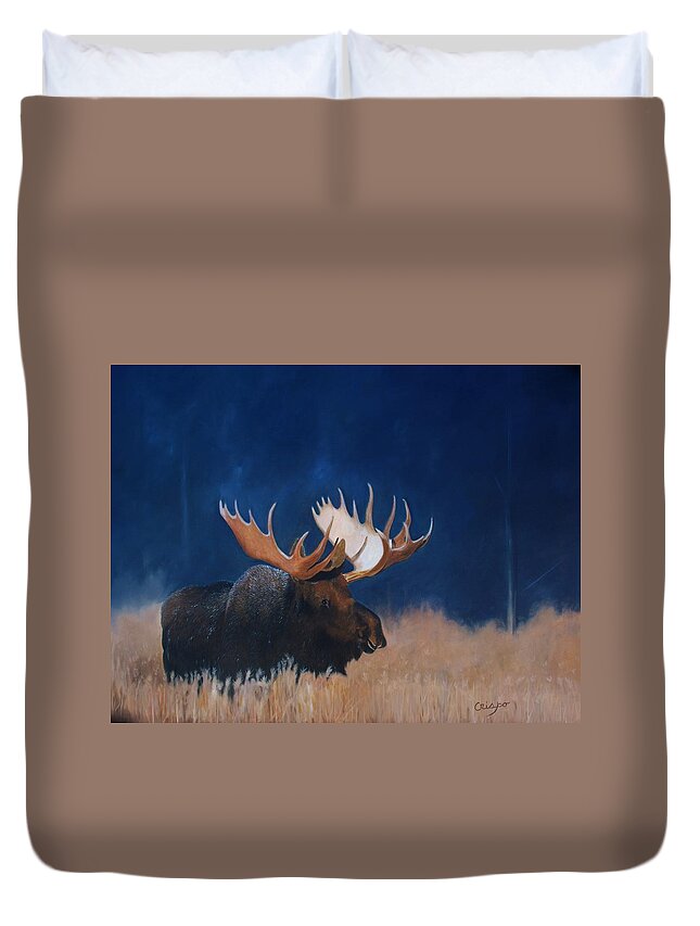 Moose Duvet Cover featuring the painting Afternoon light. by Jean Yves Crispo