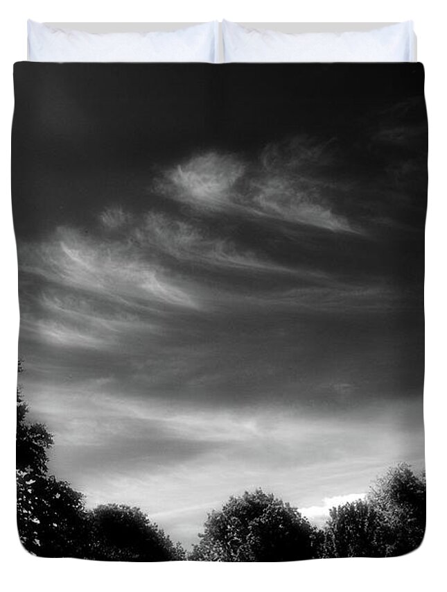 Black And White Duvet Cover featuring the digital art Afternoon Sky Above The Trees BW by Lyle Crump