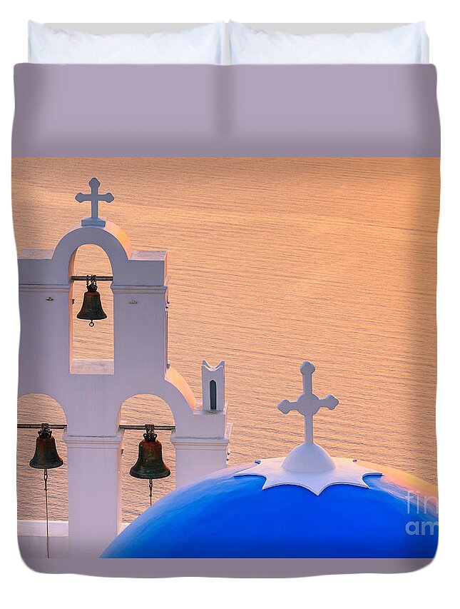 Aegean Duvet Cover featuring the photograph Aghioi Theodoroi church at Firostefani, Santorini by Henk Meijer Photography