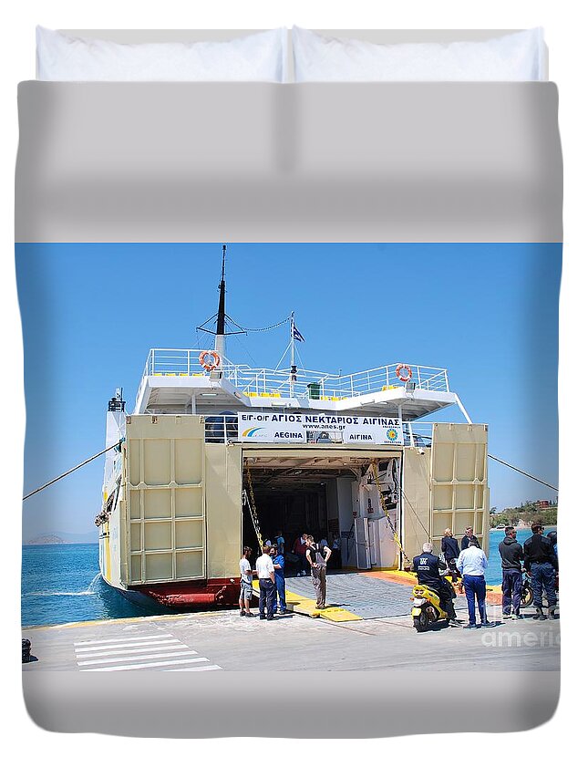 Aegina Duvet Cover featuring the photograph Agios Nektarios ferry on Aegina by David Fowler
