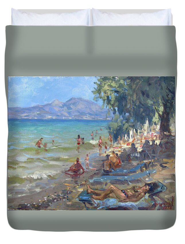 Agrilesa Beach Duvet Cover featuring the painting Agrilesa Beach Athens by Ylli Haruni