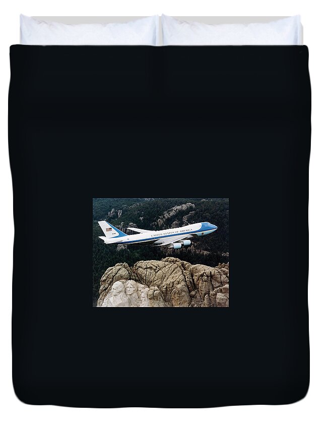 Mount Rushmore Duvet Cover featuring the photograph Air Force One flying over Mount Rushmore by War Is Hell Store
