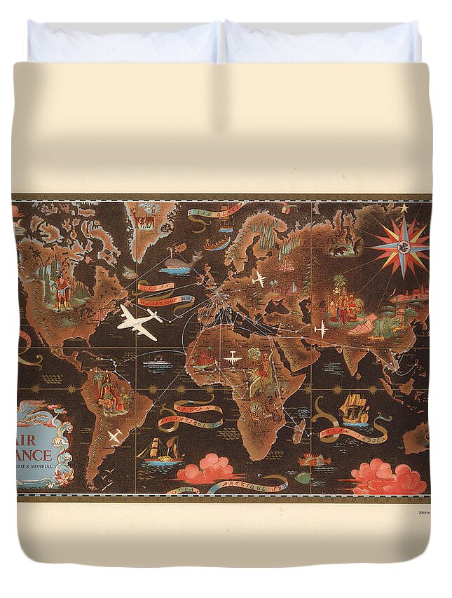 Air France Duvet Cover featuring the mixed media Air France - Vintage Illustrated map of the World - Lucien Boucher - Cartography by Studio Grafiikka
