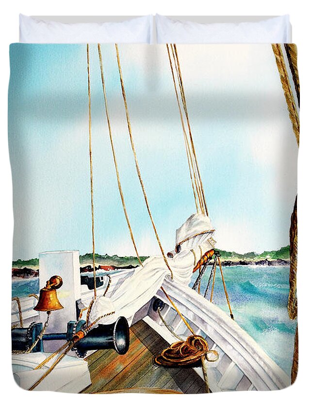 Nj Tall Ship Duvet Cover featuring the painting A.J. Meerwald-Coming Home by Phyllis London
