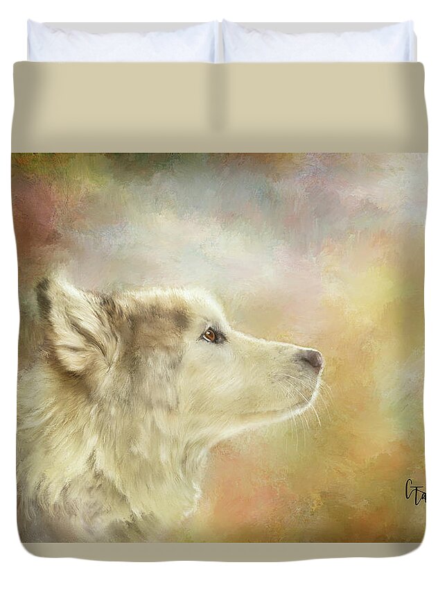 Malamute Duvet Cover featuring the mixed media Akira, the Alaskan Malamute by Colleen Taylor