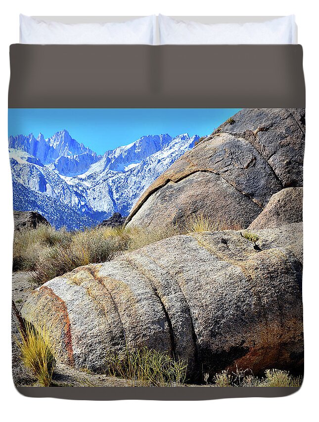 Alabama Hills Duvet Cover featuring the photograph Alabama Hills Boulders and Mt. Whitney by Ray Mathis