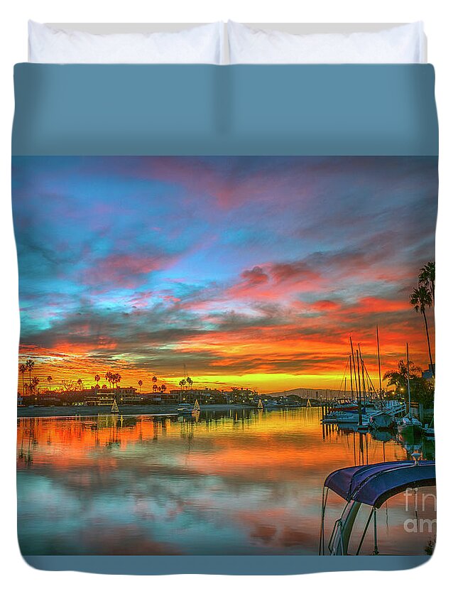 Alamitos Bay Beach Duvet Cover featuring the photograph Alamitos Bay Fiery Sunset by David Zanzinger