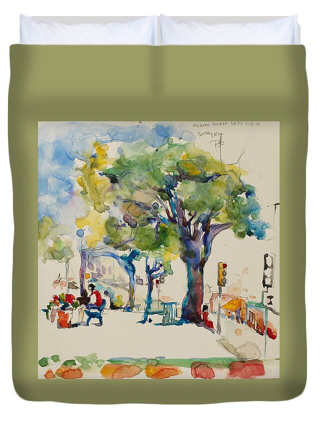 Watercolor Duvet Cover featuring the painting Alamo Plaza by Becky Kim