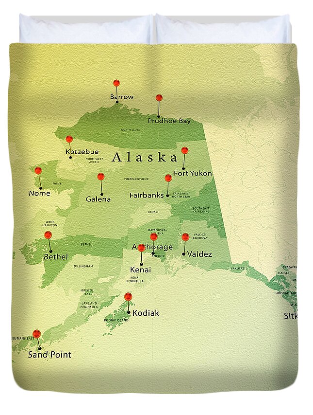 Cartography Duvet Cover featuring the photograph Alaska Map Square Cities Straight Pin Vintage by Frank Ramspott
