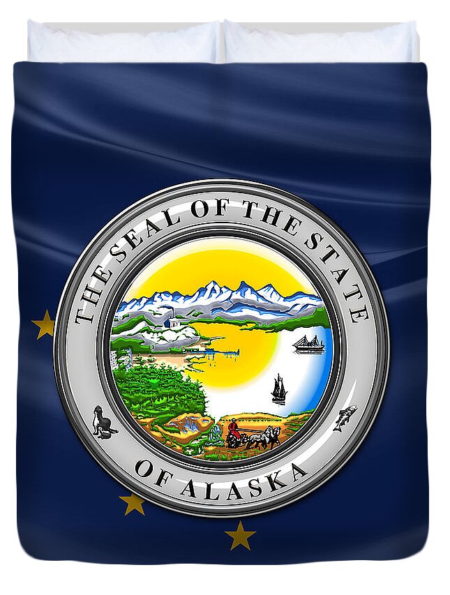 'state Heraldry' Collection By Serge Averbukh Duvet Cover featuring the digital art Alaska State Seal over Flag by Serge Averbukh