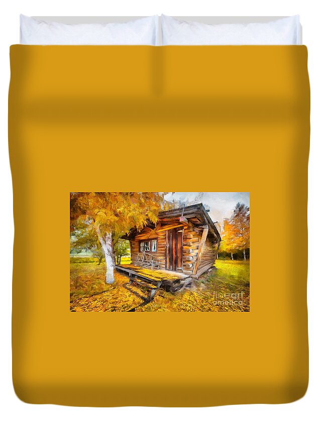 Log Cabin Duvet Cover featuring the painting Alaskan Autumn by Eva Lechner