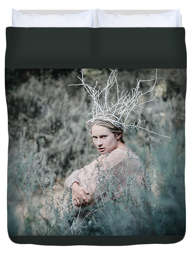Woman Duvet Cover featuring the photograph Albino in the Forest 1. Prickle Tenderness by Inna Mosina