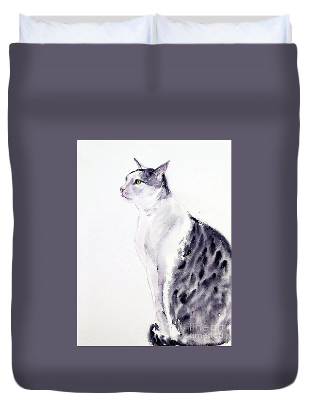 Cat Duvet Cover featuring the painting Alert Cat by Asha Sudhaker Shenoy