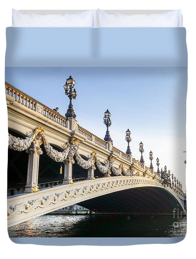 Paris Duvet Cover featuring the photograph Alexandre III Bridge in Paris France early morning by Perry Van Munster