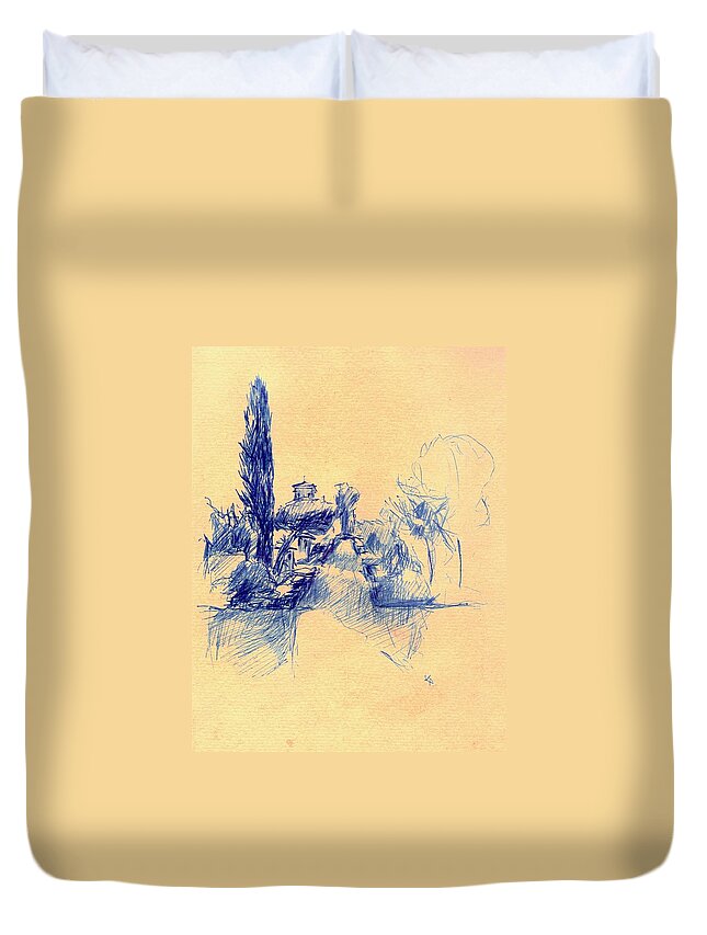 Alhambra Duvet Cover featuring the drawing Alhambra sketch / Granada by Karina Plachetka