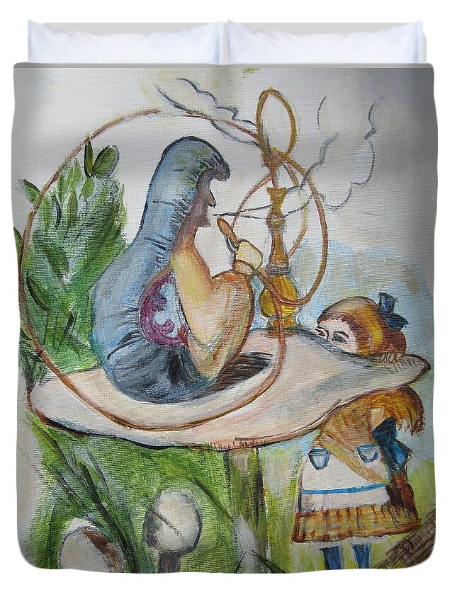 Alice In Wonderland Duvet Cover featuring the painting Alice and the Caterpillar by Denice Palanuk Wilson