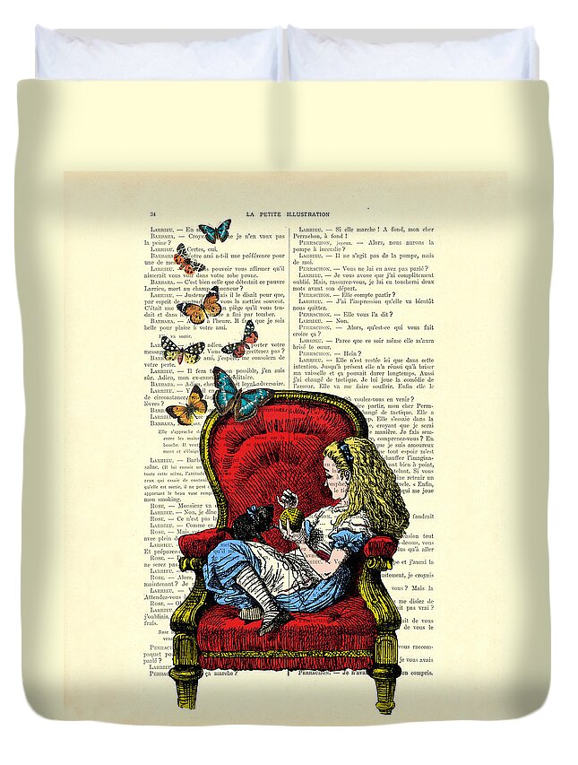 Alice Duvet Cover featuring the digital art Alice in Wonderland playing with cute cat and butterflies by Madame Memento