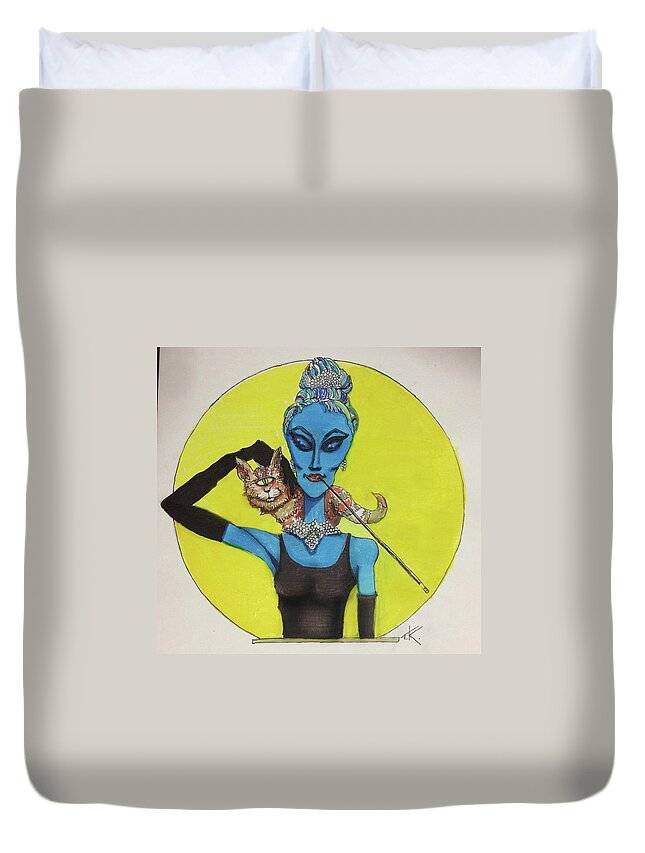 Breakfast At Tiffany's Duvet Cover featuring the painting Alien at Tiffany's by Similar Alien