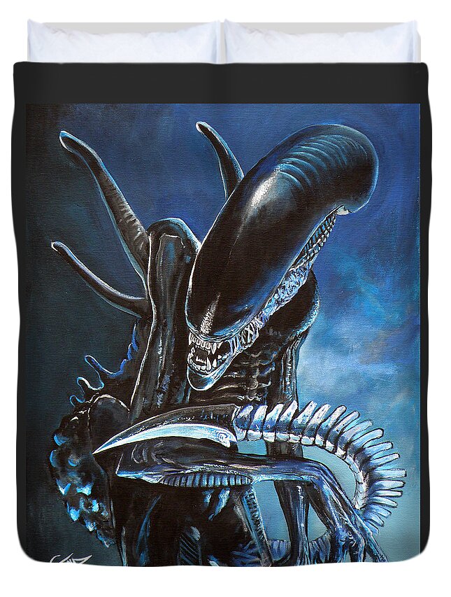 Alien Duvet Cover featuring the painting Alien by Tom Carlton