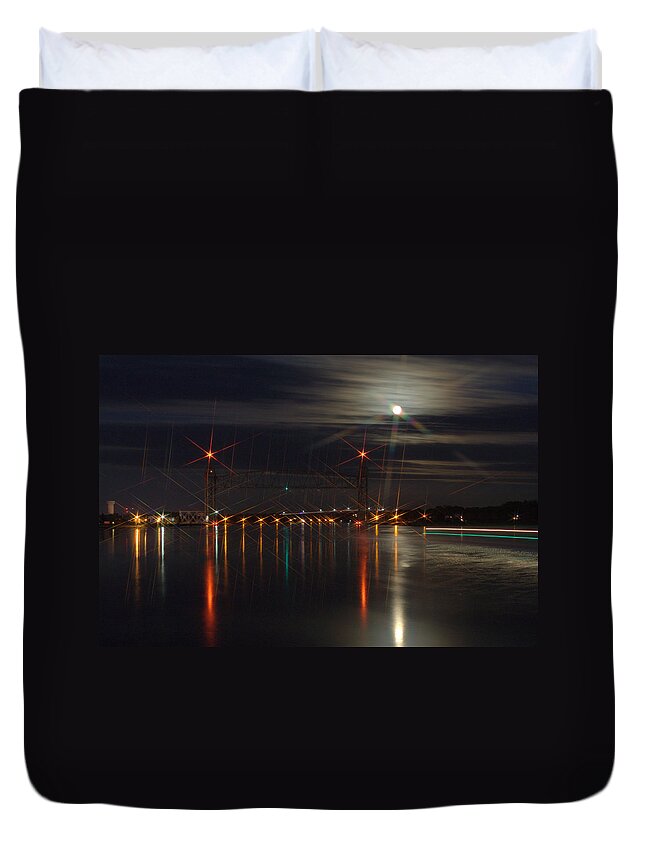 Railroad Bridge Duvet Cover featuring the photograph All Lit Up II by Greg DeBeck