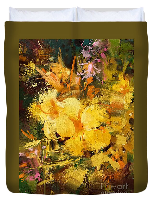 Abstract Duvet Cover featuring the painting Allamanda by Tithi Luadthong