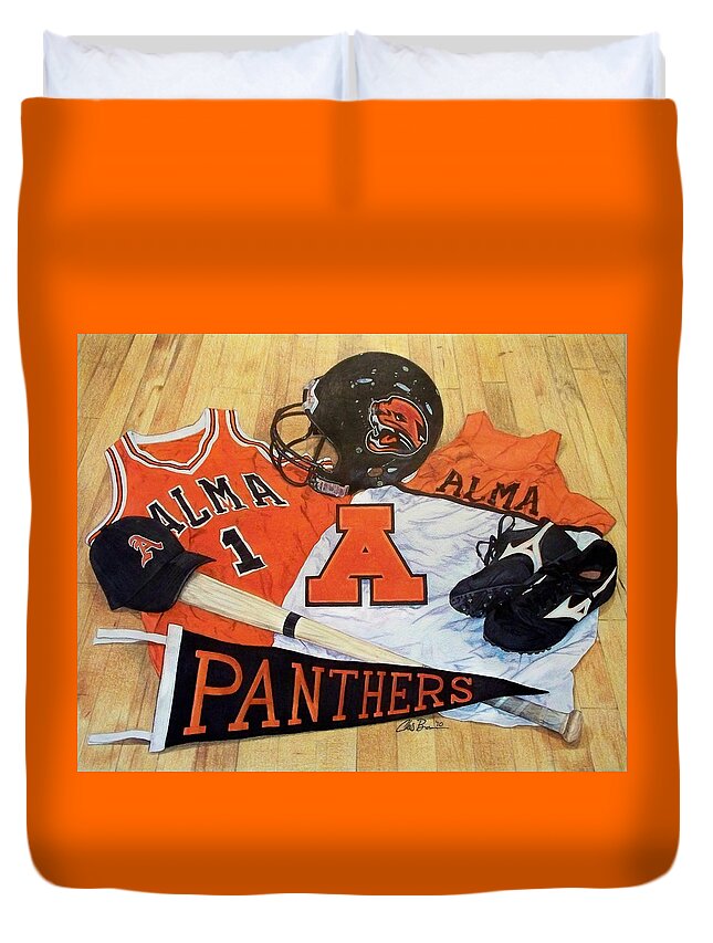 Alma Duvet Cover featuring the drawing Alma High School Athletics by Chris Brown