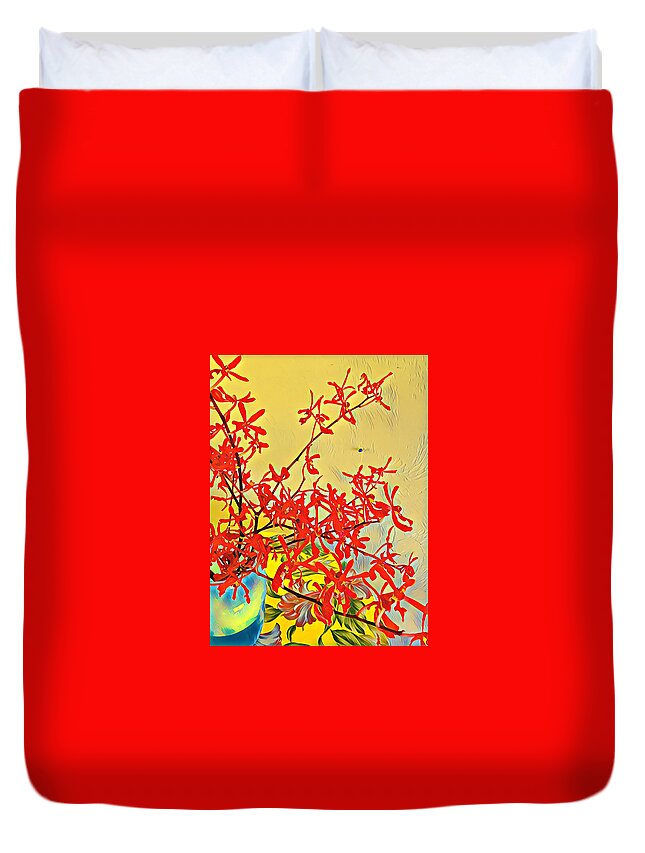 #alohabouquetoftheday #redorchids #orchids #red #aloha #bouquet Duvet Cover featuring the photograph Aloha Bouquet of the Day -- Red Orchids in Blue Vse by Joalene Young