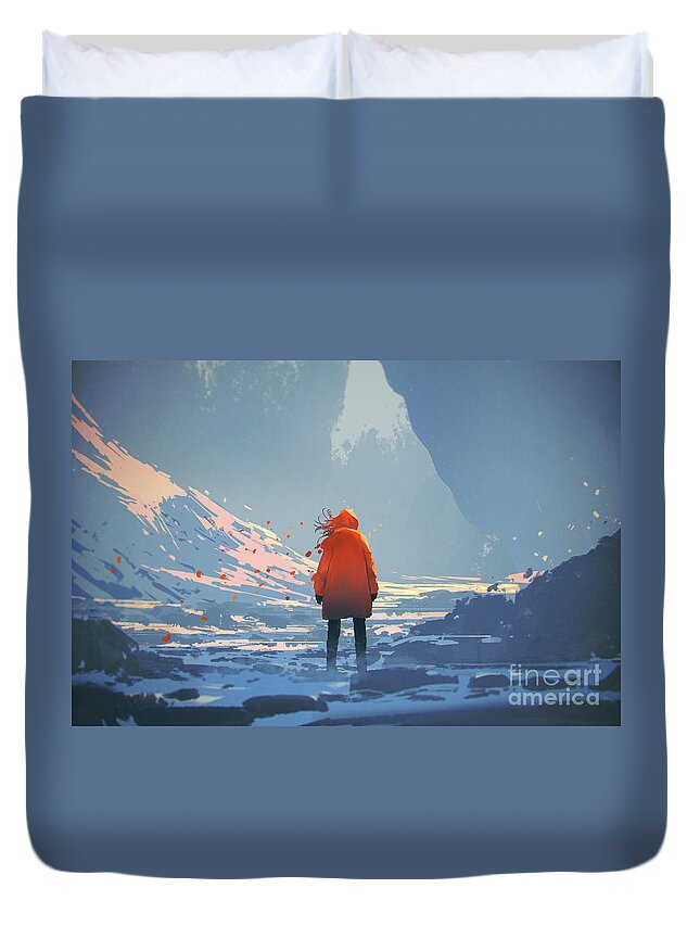 Acrylic Duvet Cover featuring the painting Alone In Winter by Tithi Luadthong
