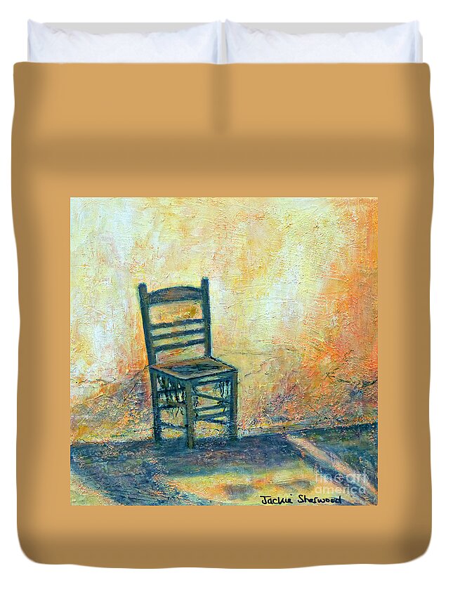 Greece Duvet Cover featuring the painting Alone Koroni by Jackie Sherwood