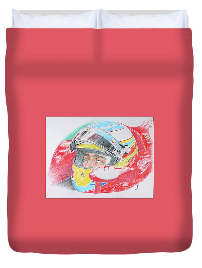 Formula 1 Duvet Cover featuring the drawing Fernando Alonso - Ferrari epic victory in Korea 2010 by Lorenzo Benetton