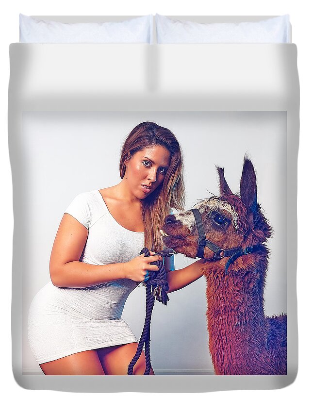 Alpaca Duvet Cover featuring the photograph Alpaca Mr. Tex and Breanna by TC Morgan