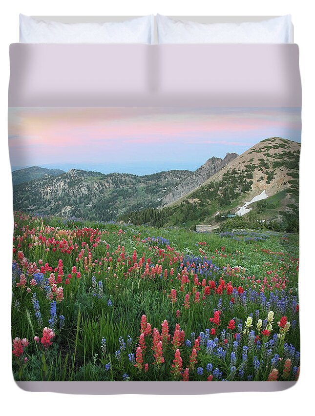 Landscape Duvet Cover featuring the photograph Alpine Wildflowers and View at Sunset by Brett Pelletier