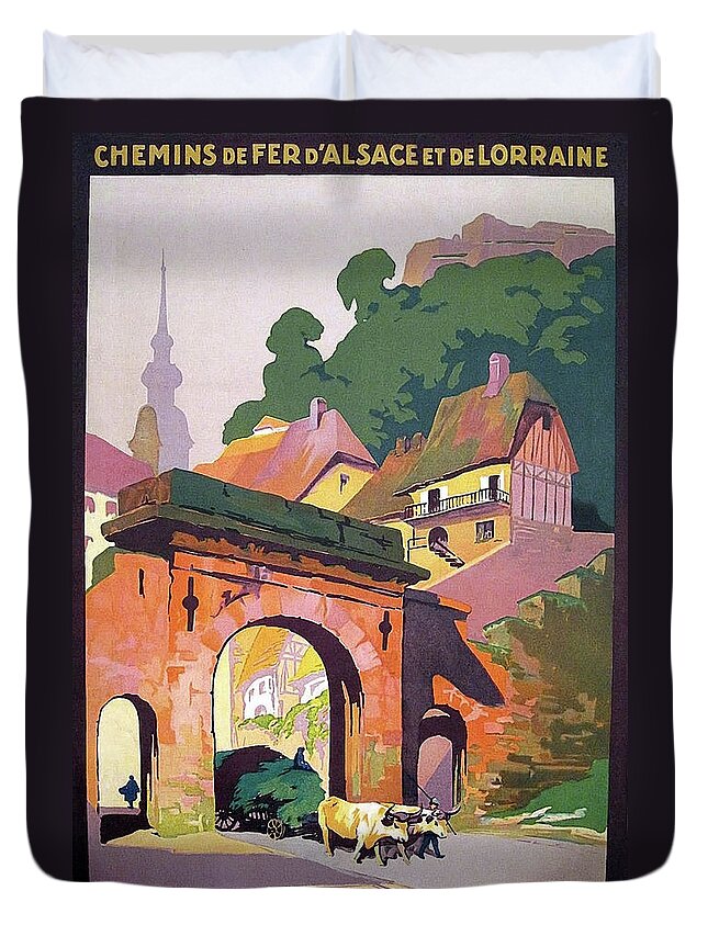 Alsace Duvet Cover featuring the painting Alsace, Lorraine, France, vintage travel poster by Long Shot