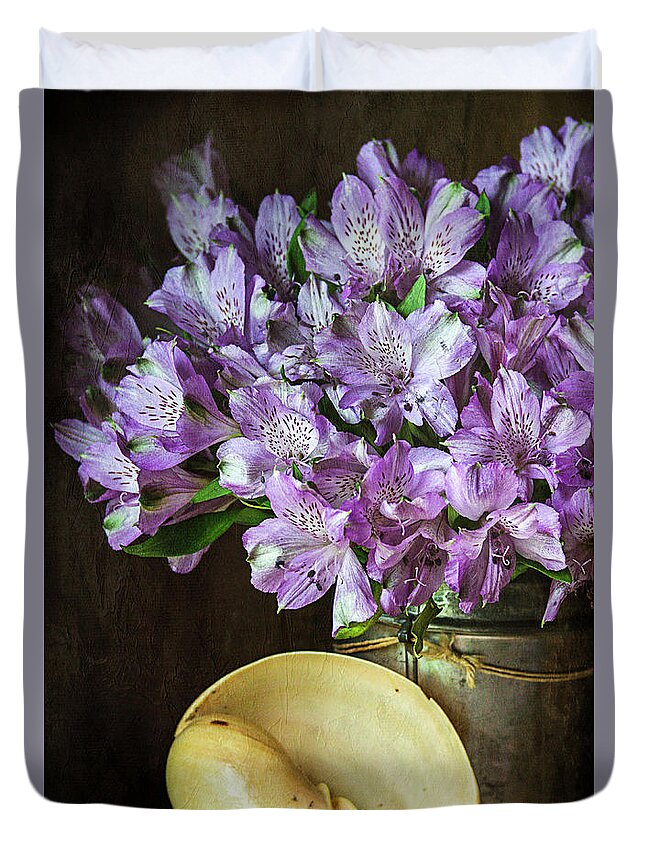 Alstroemeria Duvet Cover featuring the photograph Alstroemeria with Seashell by Cindi Ressler