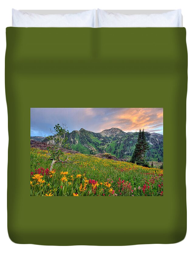 Wildflower Duvet Cover featuring the photograph Alta Wildflowers and Sunset by Brett Pelletier