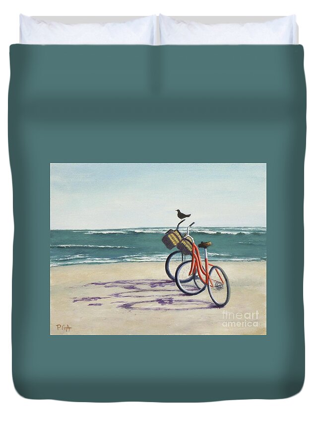 Red Bikes Duvet Cover featuring the painting Alternate transportation by Phyllis Andrews